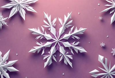 The primary subject of the image is a large, three-dimensional snowflake made of paper. The snowflake is purple and white, and it is placed on a pink background. The visual style of the image is a combination of digital art and illustration, creating a unique and eye-catching design. The colors and mood of the image are warm and inviting, with the purple and white snowflake standing out against the pink background.